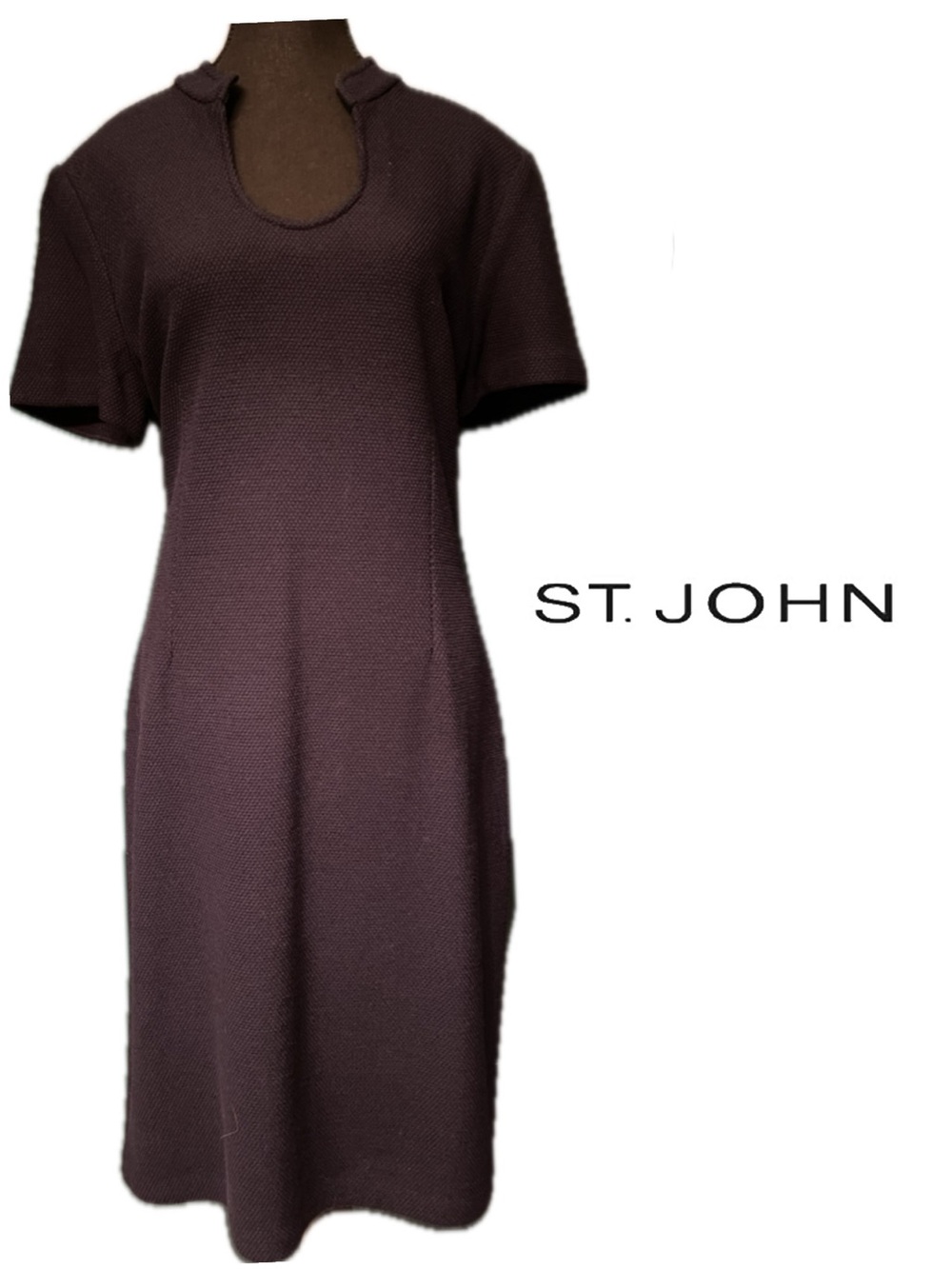 St. John Caviar 90% Wool Keyhole Neck Navy Blue Knit Luxury Sheath FA15 Dress 14
